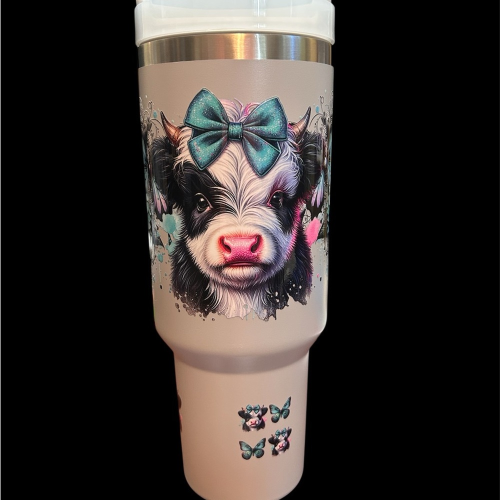 Cute Cow Print Travel Tumbler - Pink & Teal Bow